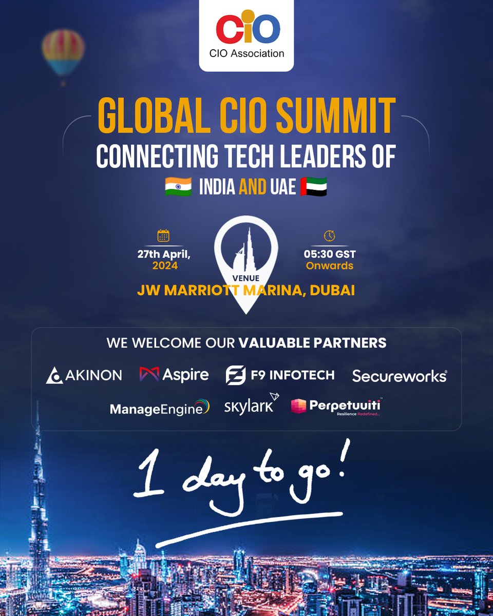 Just #1DayToGo until we explore the future of technology at the Global CIO Summit 2024 in Dubai. We look forward to connecting and innovating together!
.
.
#CIOAssociation #DubaiChapter #GlobalCIOSummit #Networking #TechInsights #InnovationExchange #CIOCommunity #TechLeadership