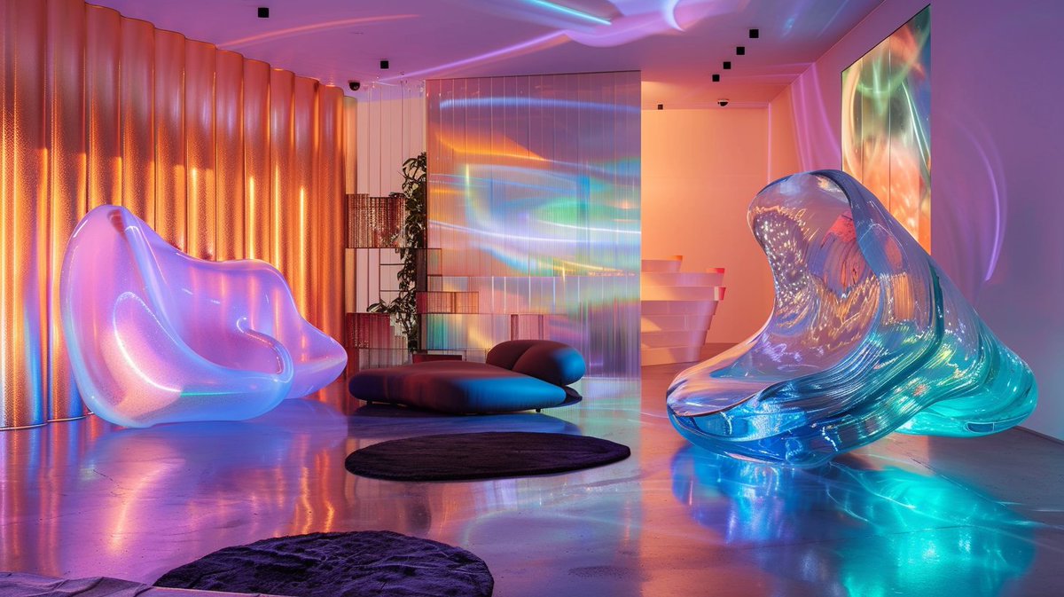 Good morning and happy Friday! 💙 This prompt from the archives still looks fresh in Midjourney V6: a living room with holographic improbable surfaces made of glass, organic biomorphic forms --ar 16:9