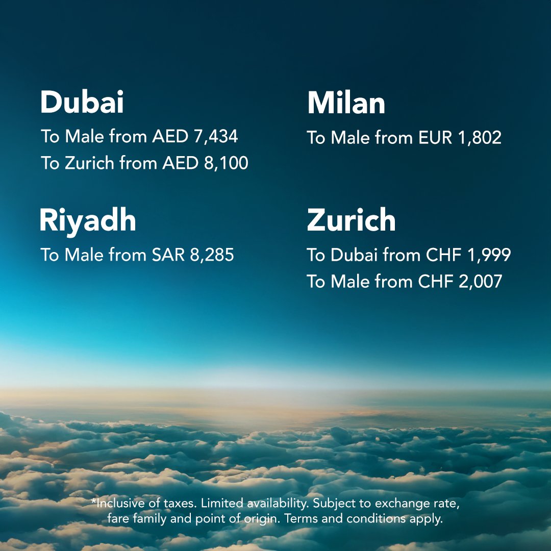 This summer, experience somewhere new with attractive return fares on our all-premium flights between Dubai, Milan, Riyadh and Zurich and the Maldives, and now between Dubai and Zurich. Limited seats are available, so book early ✈️ bit.ly/4aKqvlc #Experiencenew