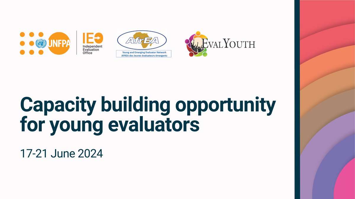 Attention young evaluators!

@unfpa_eval @Eval_Youth & @AfrEA_YEE invite you to join the upcoming Cross Regional Evaluation Capacity Building Workshop in Nairobi, 17-21 June

📅Apply by 1 May
Learn more👉unfpa.org/updates/capaci…

#Eval4Action