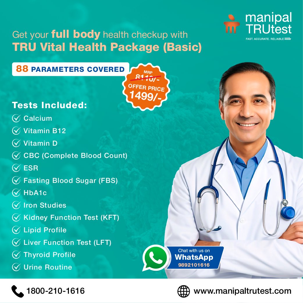 The full body TRU Vital Health Package (Basic)! Get early detection, disease monitoring, and preventive care, with 88 parameters covered for your whole body. Special offer from ₹1499. Book now!

Book your test today! Click Here  rb.gy/gsebfv

#ManipalTrutest #Labtest