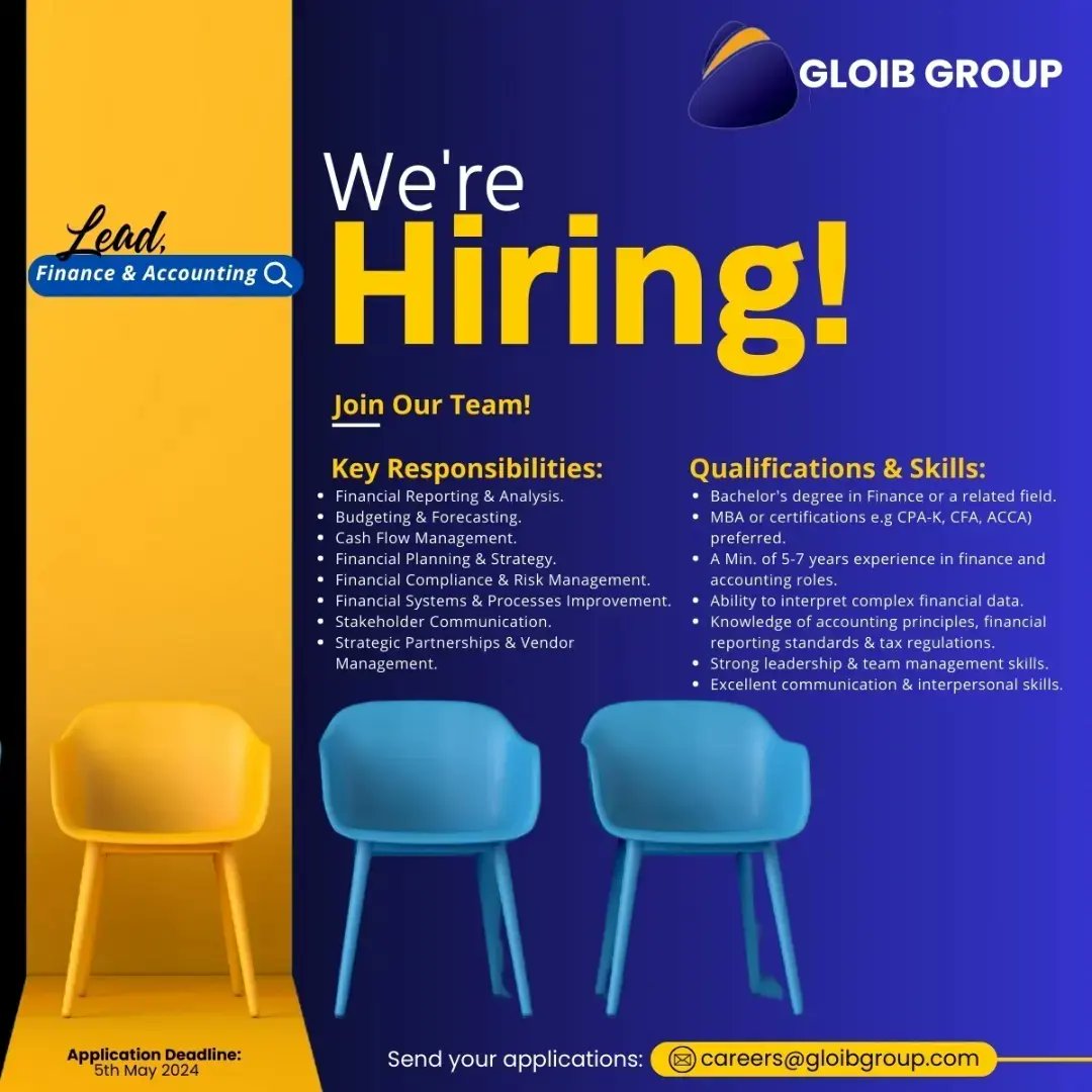 #Ikokazike # ikokazi
We're actively hiring 🚀 Join our team at Gloib Group as the Lead Customer Experience and Lead Finance & Accounting. 
Interested candidates to Send their CV and cover letter to careers@gloibgroup.com 
NB; Only shortlisted candidates will be considered.