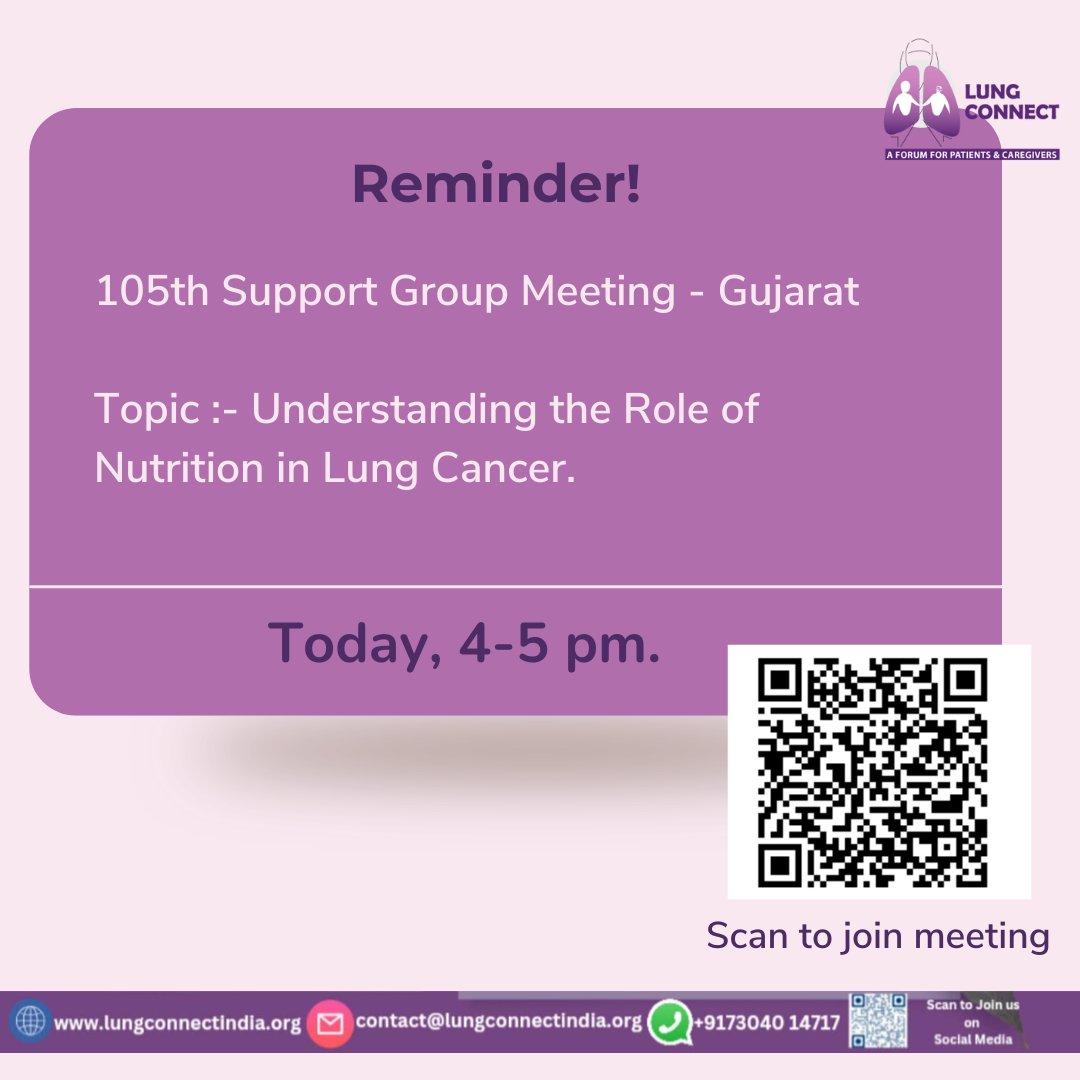 Lung Connect is inviting you to 105th Support Group Meeting - Gujarat. Topic - Understanding the Role of Nutrition in Lung Cancer by Dr Shruti K Bhardwaj followed by Question and Answer session by Dr Rushabh Kothari. Date: 26th April, 2024 Time: 4:00p.m.- 5:00 p.m. Join Zoom…