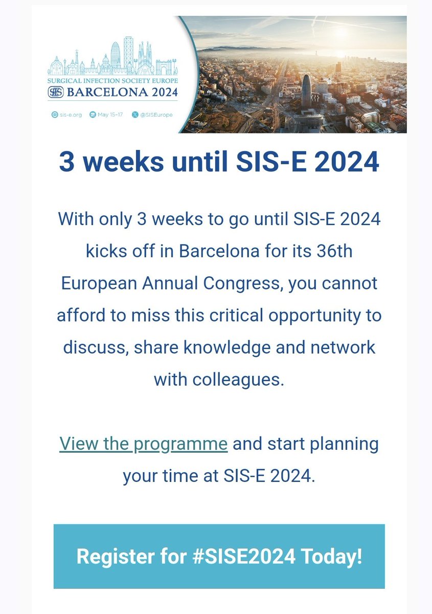 📢Our #SISE2024 Congress in Barcelona is almost here! 🔜Are you ready?😉 👉check out the great programme we have put together, covering topics such as #infection prevention, open abdomen,biomarkers, wounds,appendicitis... Find more info👇& join us‼️ sis-e.org/2024/#