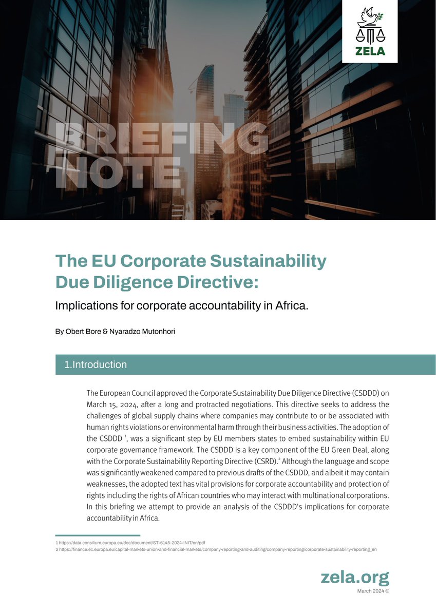 𝐓𝐡𝐞 𝐄𝐔 𝐂𝐨𝐫𝐩𝐨𝐫𝐚𝐭𝐞 𝐒𝐮𝐬𝐭𝐚𝐢𝐧𝐚𝐛𝐢𝐥𝐢𝐭𝐲 𝐃𝐮𝐞 𝐃𝐢𝐥𝐢𝐠𝐞𝐧𝐜𝐞 𝐃𝐢𝐫𝐞𝐜𝐭𝐢𝐯𝐞 (𝐂𝐒𝐃𝐃𝐃): 𝐈𝐦𝐩𝐥𝐢𝐜𝐚𝐭𝐢𝐨𝐧𝐬 𝐟𝐨𝐫 𝐂𝐨𝐫𝐩𝐨𝐫𝐚𝐭𝐞 𝐀𝐜𝐜𝐨𝐮𝐧𝐭𝐚𝐛𝐢𝐥𝐢𝐭𝐲 𝐢𝐧 𝐀𝐟𝐫𝐢𝐜𝐚

The European Council approved the CSDDD on March 15, 2024,