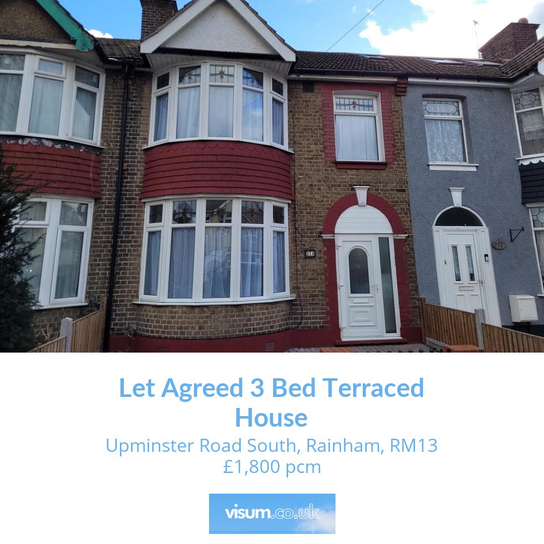 Upminster Road South, Rainham, RM13

🛏 3 bed 
🛋 2 reception 
🚿 1 bath 

Let Agreed 3 Bed Terraced House £1,800 pcm 

📲 Get in touch with our team today! 

📞01455 364911 
📧 onthemarket-enquiries@visum.co.uk