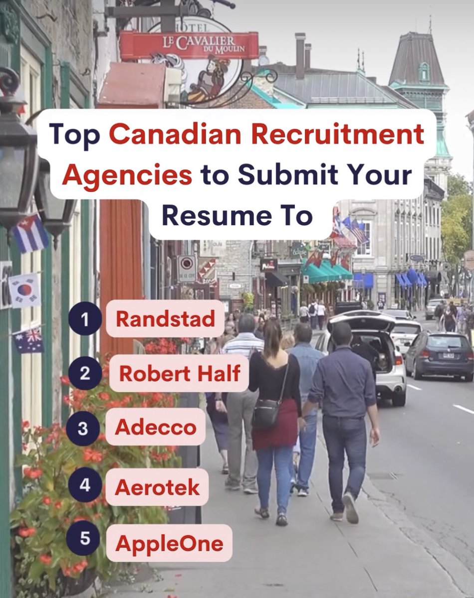 Top Canadian Recruitment Agencies to Submit your Resume to
➡️ Randstad
➡️ Robert Half
➡️ Adecco
➡️ Aerotek
➡️ AppleOne
