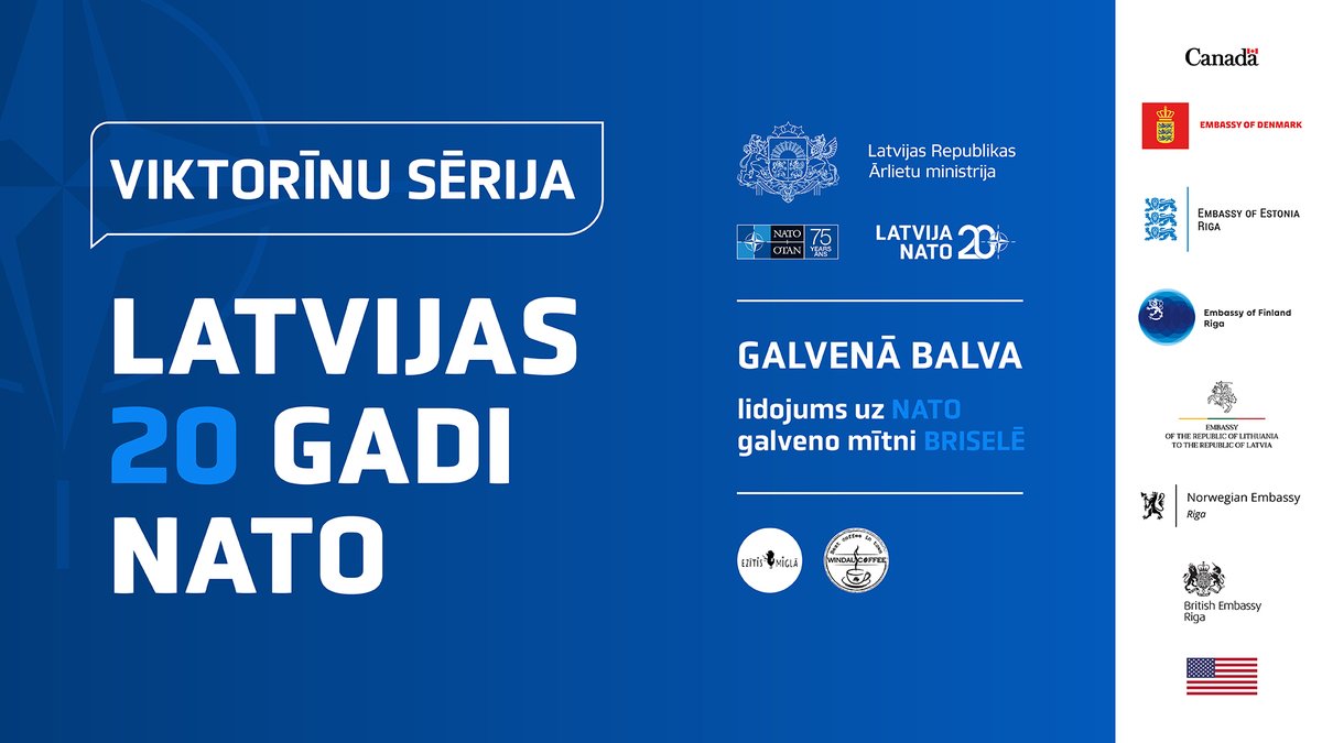 Viktorīnu sērijā “Latvijas 2⃣0⃣ gadi NATO” zināmi galvenās balvas - vizītes NATO mītnē Briselē - ieguvēji! 🎉 Paldies dalībniekiem Rīgā, Daugavpilī, Jelgavā, Ventspilī, Siguldā un Ogrē, kā arī 🇨🇦🇩🇰🇪🇪🇫🇮🇱🇹🇳🇴🇬🇧🇺🇸 vēstniecībām par atsaucību! 🙌 ➡️ mfa.gov.lv/lv/jaunums/vik… #LV20NATO