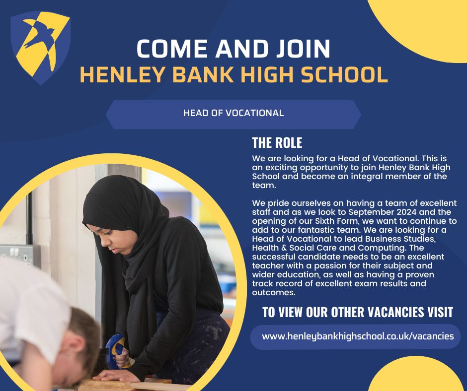 We are recruiting a Head of Vocational to join our school family. Closing Date: 09/05/2024 To apply and for more info, visit: buff.ly/3HOvowT #HBHSCareers #TeachingJobs #HBHS