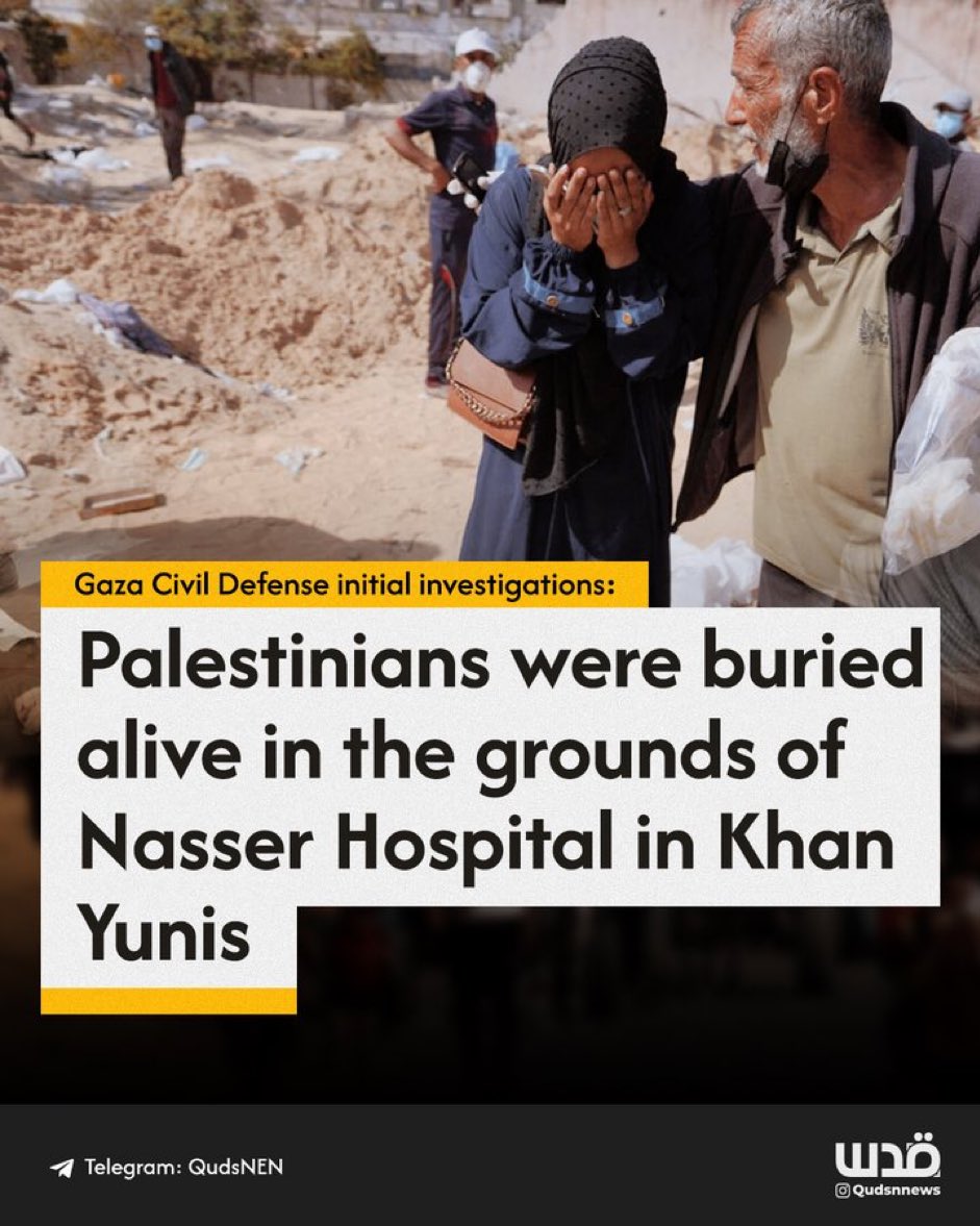 The mass graveyard that was once Nasser Hospital 🇵🇸 has now given up 392 bodies.

And Israel 🇮🇱 stands accused (by Paramedics and rescue teams involved in retrieving bodies) of burying victims alive, organ theft and torture. 

Where is The Hague?