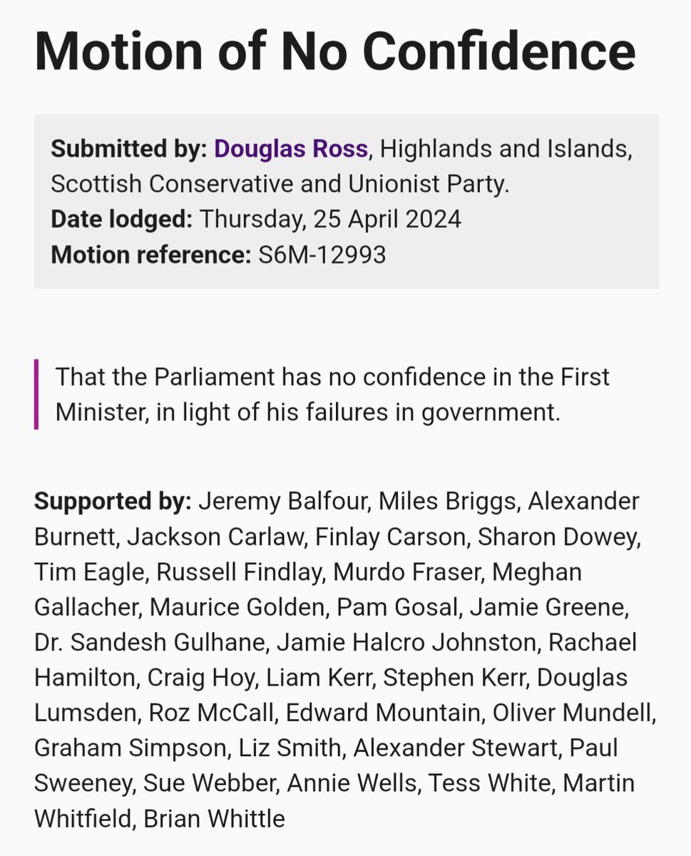 Good morning. @Douglas4Moray has lodged his motion of no confidence in Humza Yousaf. So far it has the support of 32 MSPs - it needed 25 to go forward for a debate. Mostly Conservatives, but a couple of Labour MSPs in there too.