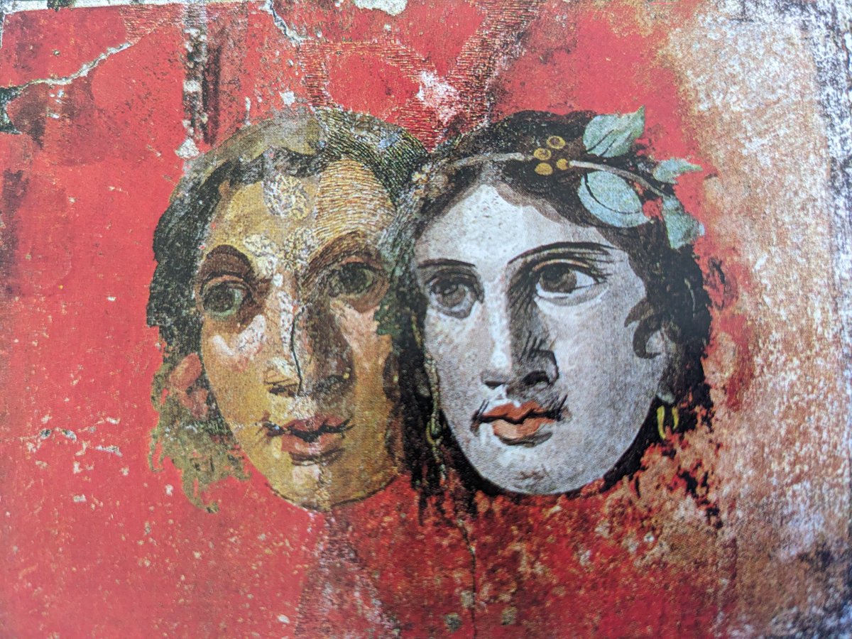 #FrescoFriday This small #painting of two heads crowned with vine shoots, set against a red background. Found on the centre west wall of the oecus in the insula Occidentalis, #Pompeii (See Alt. For more details). #Art #History #artwork & #Archaeology