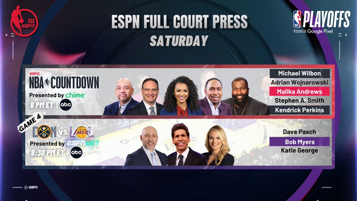 Saturday, @ESPNNBA continues 2024 #NBAPlayoffs coverage with a Western Conference Finals rematch on ABC 🏀 8p ET | NBA Countdown 🏀 8:30p ET | #MileHighBasketball vs #LakeShow 🎙 @DavePasch, Bob Myers, @Katie_George05