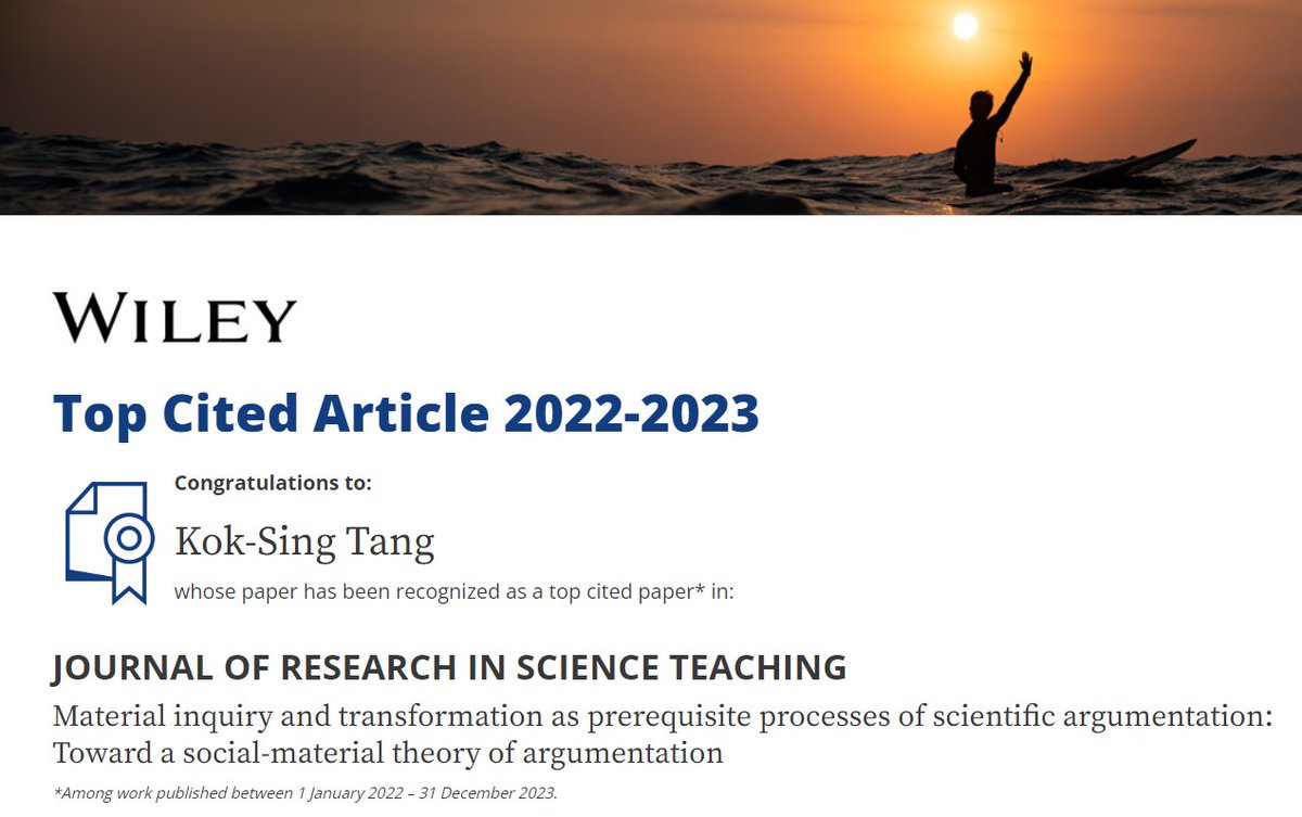 KokSingTang1's tweet photo. Happy to see that one of my articles is a top cited paper in the prestigious Journal of Research in Science Teaching @JRSTpub! #TopCitedArticle #SciEd #argumentation  #education https://t.co/VDROhyvhQF