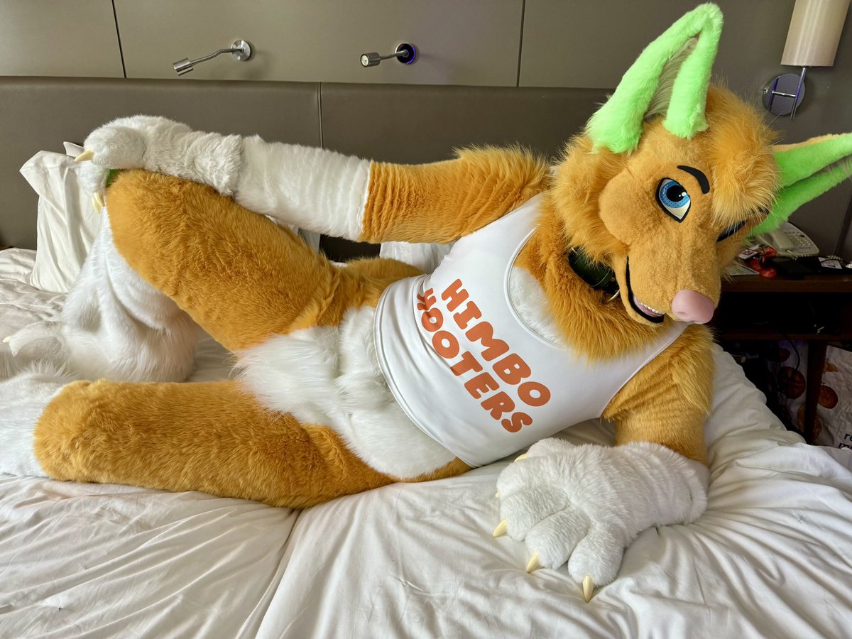 It’s Friday, you’ve worked hard this week There’s space on the bed for snuggles, would you like that? Come close and I’ll help make you feel comfortable 💚💛 🪡 @RandDfursuits 📸 @Avardus #furry #FursuitFriday #HimboHooters