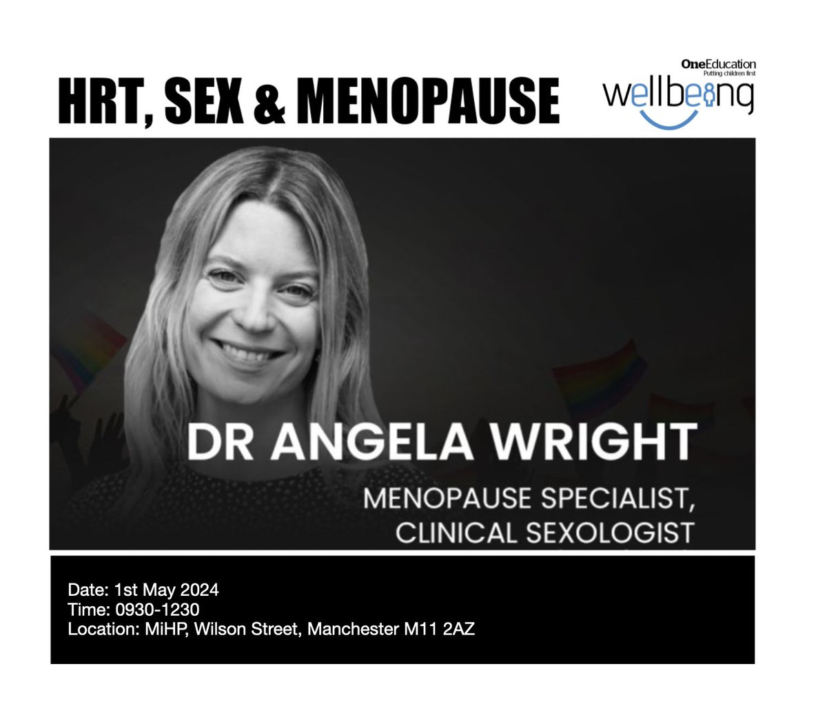 'Menopause at Work' face to face workshop for Senior Leaders, Middle Leaders and School Wellbeing Leads.
Guest speaker Dr Angela Wright discusses HRT, Sex &amp; the Menopause on Wednesday 1st May.  <a href="/jade_walwyn/">Jade Walwyn</a> <a href="/OneEducationHR/">One Education HR</a> To join us book here........&gt; oneeducation.co.uk/event/train-th…