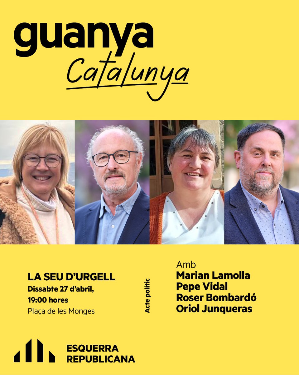 ✊🏽Demà a la tarda #GuanyaCatalunya amb Oriol <a href="/junqueras/">Oriol Junqueras 🎗️</a> , Roser Bombardó, Pepe Vidal i <a href="/marianlamolla/">marian lamolla miret</a> 

🕖 A les 19:00h a la plaça de Les Monges.
☔En cas de pluja a la sala Immaculada.

T'hi esperem!