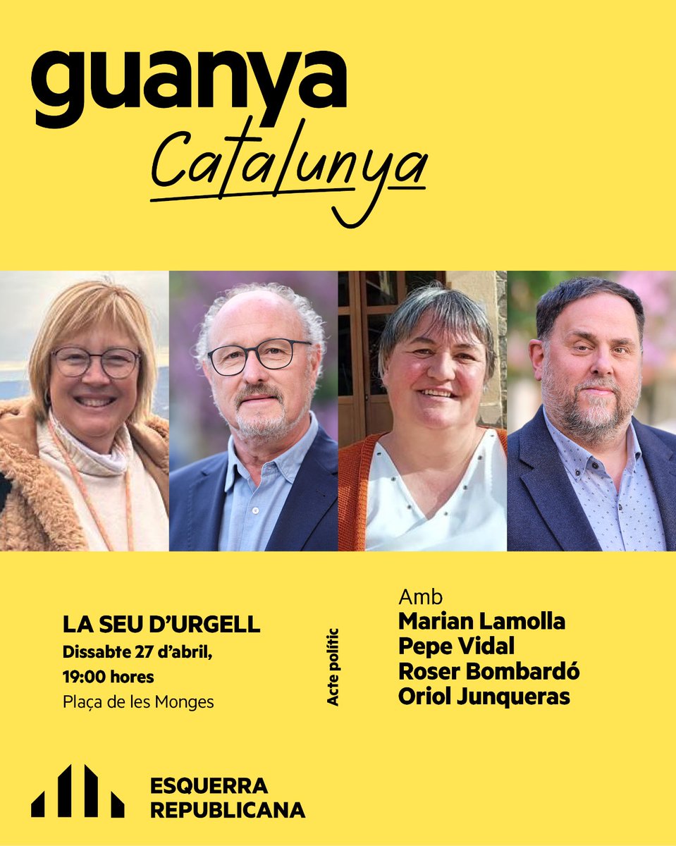 ✊🏽Demà a la tarda #GuanyaCatalunya amb Oriol @junqueras , Roser Bombardó, Pepe Vidal i @marianlamolla 🕖 A les 19:00h a la plaça de Les Monges. ☔En cas de pluja a la sala Immaculada. T'hi esperem!