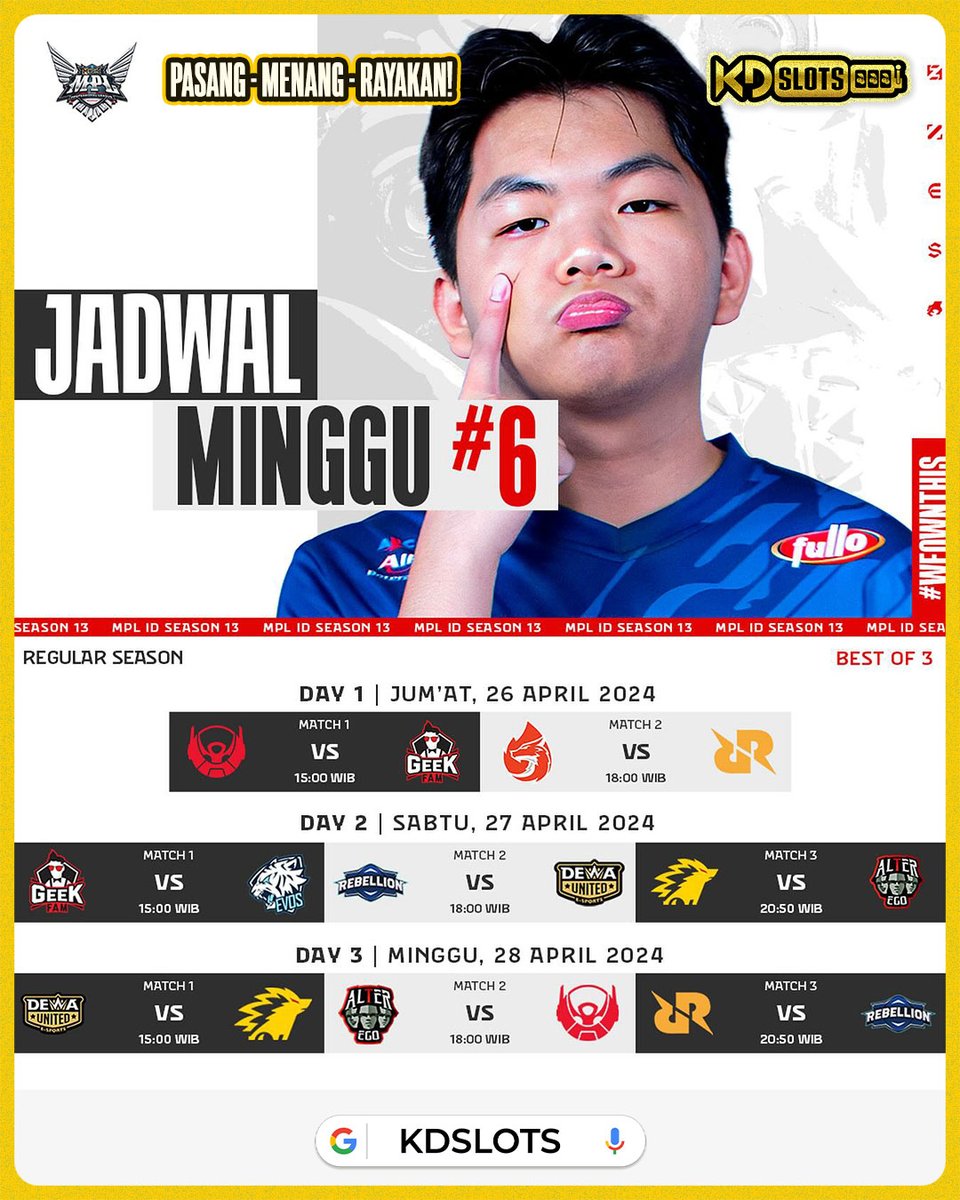 JADWAL MPL ID - KDSLOTS

BTR kini berada di pucuk klasmen kini berhadapan dengan Geek yang berada di posisi ke - 8. Mampukah The King Slayer bisa memenangkan pertandingan sore ini? Pasang sekarang taruhannya di KDSLOTS

#WeOwnThis #MPLIDS13 #kdslots #mobilelegends #warungkopi