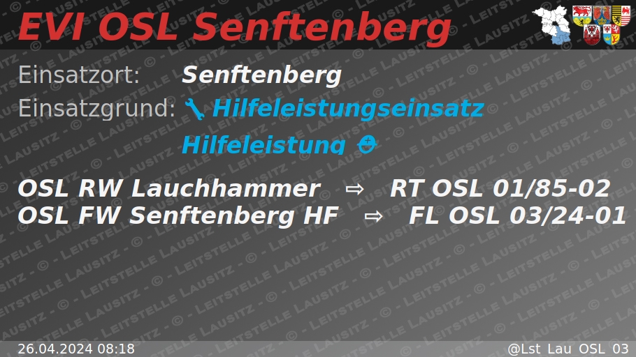 🚨 26.04.2024 08:18 🔧 ⛑ H:Hilfeleistung 🌐 Senftenberg 🚒 ⇨ FW Senftenberg HF wachalarm.leitstelle-lausitz.de/dbrd/28279c99-…