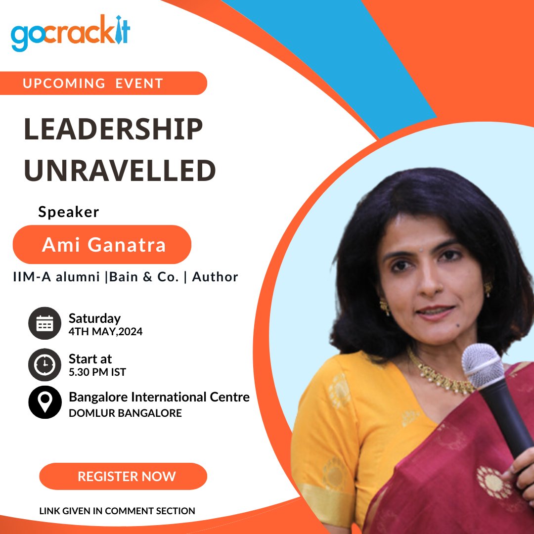 GoCrackIt1's tweet photo. We are thrilled to announce the upcoming "Mega Event: Leadership Unravelled with Ami Ganatra".

🗓️ Date: May 4th
⏰ Time: 5:30 PM

Let's unravel the principles of #Leadership together and chart a course towards excellence.

Register Now. Link given in the comment section
@6amiji https://t.co/njY6ClntBE
