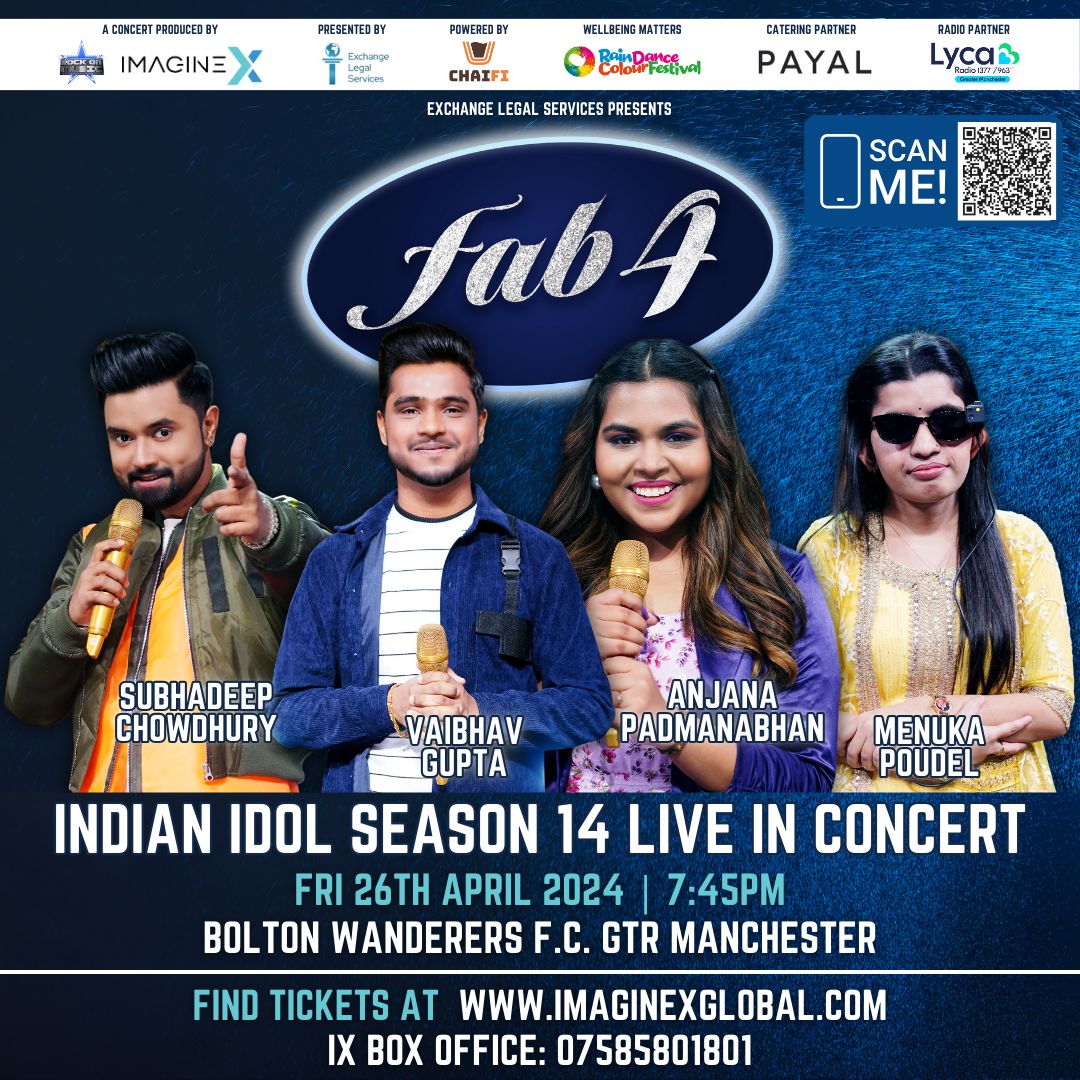 💥 TONIGHT - LIMITED TICKETS💥 

🎉Are you ready for Fab 4 #IndianIdol Season 14 Live in Concert! 

🎫Tickets: buff.ly/3UkD3ZN
📞IX Box Office: 07585801801 

@Imaginexglobal | @rdcfestival