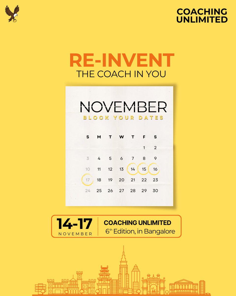 Block your dates for the 6th edition of Coaching Unlimited in Namma Bengaluru from 14-17 November! For queries, write to us at info@regalunlimited.com #coaching #coachingunlimited #icf #icfway #cceus #refresh #restart #masteryourskills #community #leadershipdevelopment #bengaluru