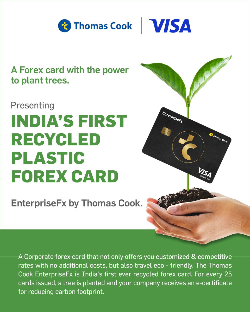 Presenting EnterpriseFx - India’s first forex card made from recycled plastic
For every 25 cards sold, Thomas Cook will also plant a tree & provide a QR code to client (Corporate) to check the location of the tree.
Get Free lounge access at Intl airports in India & Intl. sim