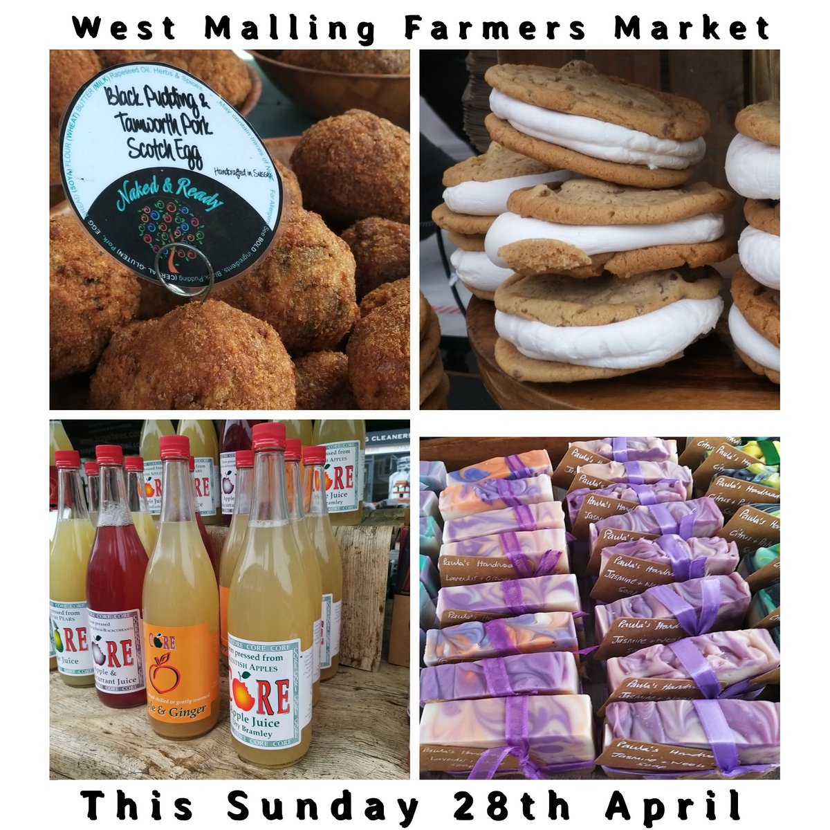 Just a few days away from #Westmalling farmers market this Sunday 28 April. We've a lovely selection of locally produced items available including meats fresh fish artisan breads cheese seasonal fruit/veg honey pies marinades beers/cider and much more Open 9.30 to 1.30