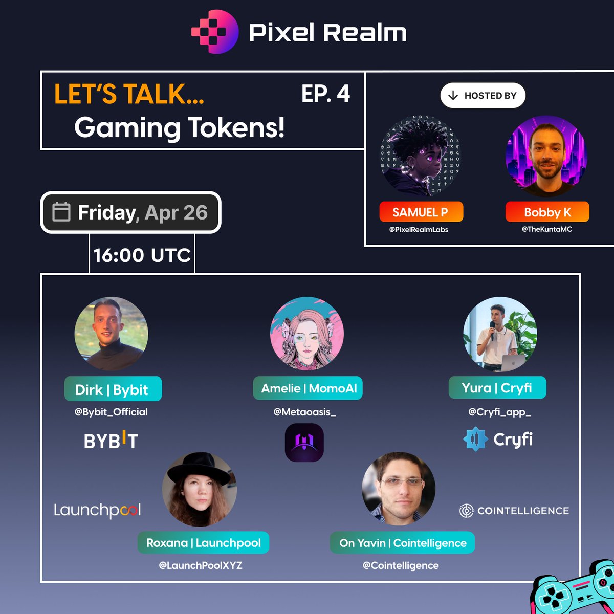 🚀 Tonight X Space with <a href="/PixelRealmlabs/">PixelRealm</a>:

Let's Talk... Ep.4

🎙️ "Gaming Tokens!"

Featuring:
 <a href="/Cointelligence/">Cointelligence</a>, <a href="/Metaoasis_/">MomoAI☮️🥝</a> ,
@cryfi_app_ <a href="/on_yavin/">On Yavin</a> <a href="/roxananasoi/">Roxana (TheHat)</a>.

📣 Reminders on! 🎙️🎙️
x.com/i/spaces/1Yqxo…