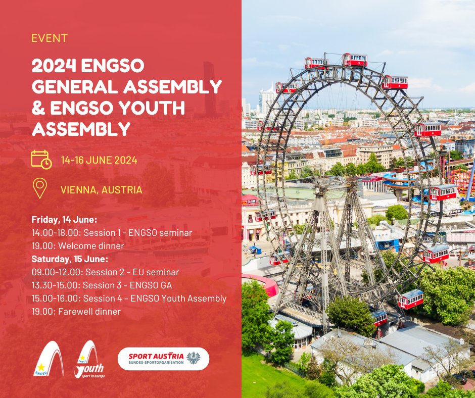 32nd ENGSO General Assembly and ENGSO Youth Assembly will be held in Vienna🇦🇹on 14-16 June 2024, & hosted by ENGSO member organisation Sport Austria. On the same occasion, ENGSO and EU Seminars will be organised. Register here 👉🏽 engso.eu/32nd-engso-gen… #EUsport