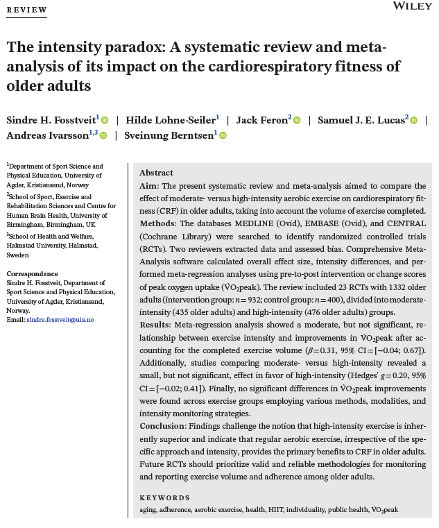 By our 30’s, we’re losing about 1% of our aerobic fitness per year. This accelerates to 2-3% per year by our 50’s. So, what aerobic exercise intensities are “best” for offsetting these declines? This review found moderate- and high-intensity aerobic exercise were similarly…