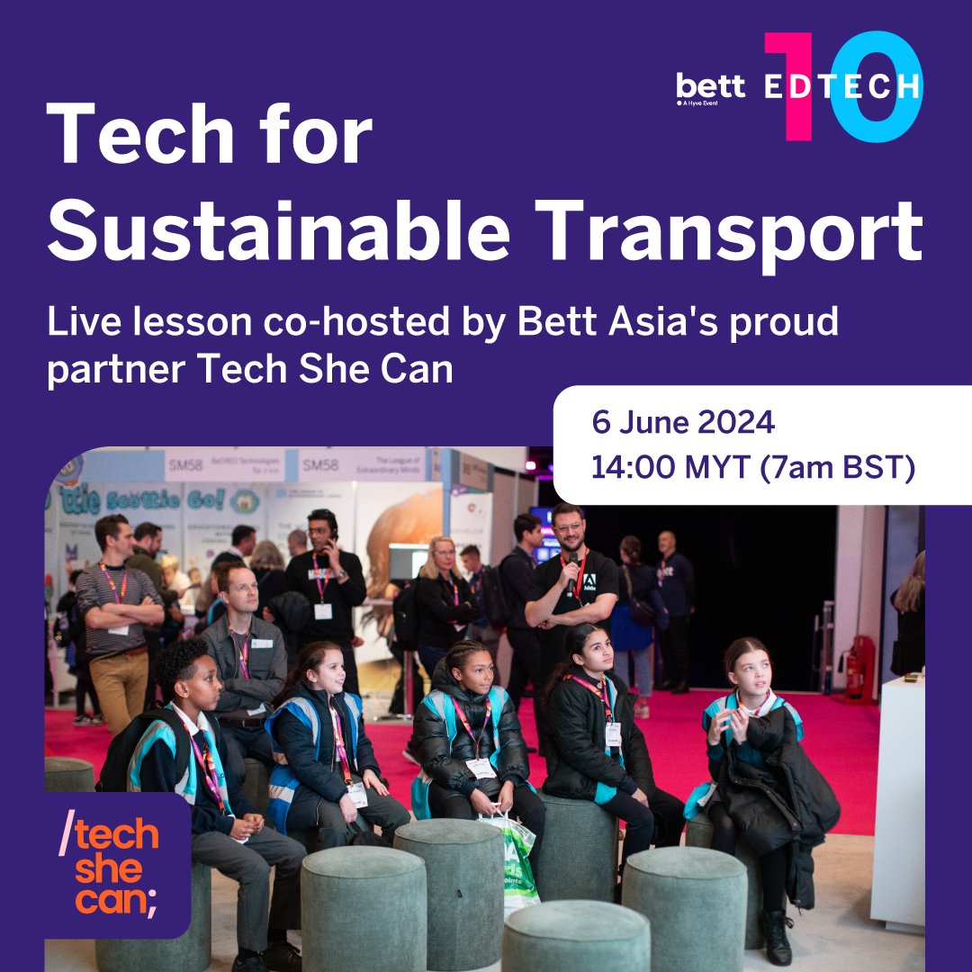 Join our Sustainable Transport Live Lesson 🌍 with @Tech_She_Can 🗓️ Save the date! 6 June, 2pm MYT (7am BST) 👩‍🏫 Led by Rachael, Education Lead 📚 For ages 8-14 with real-world examples Register here: eu1.hubs.ly/H08PY-J0 See you there 👋 #TechSheCan #TechWeCan #EdTech10