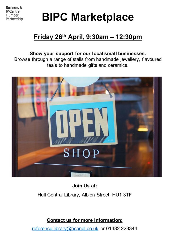Support your local business at Hull BIPC Marketplace - Fri 26th April 9:30 - 12:30. @hull_libraries @MCFCinHull #business #businesssupport #HullLibraries #hull #marketplace #MCFCinHull #Humberbusinesses