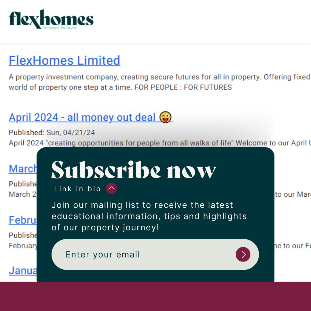 Subscribe to our monthly newsletter to receive educational information, tips,  property investment opportunities and more! ✨

👉 archive.aweber.com/newsletter/awl…

#flexhomesuk #newsletter #newsletters #newslettersignup #propertyupdate #propertyuk #propertynews