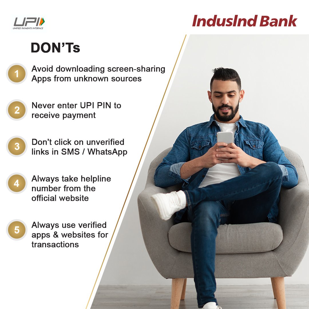 Make security your priority! Follow these safety measures and make payments with UPI securely. 

Know More: bit.ly/4apprTc

#IndusIndBank #GrandeSavingsAccount #UPIPayments #BHIMUPIApp #IndusMobileApp #Transactions #Convenience #Security #Vigilance