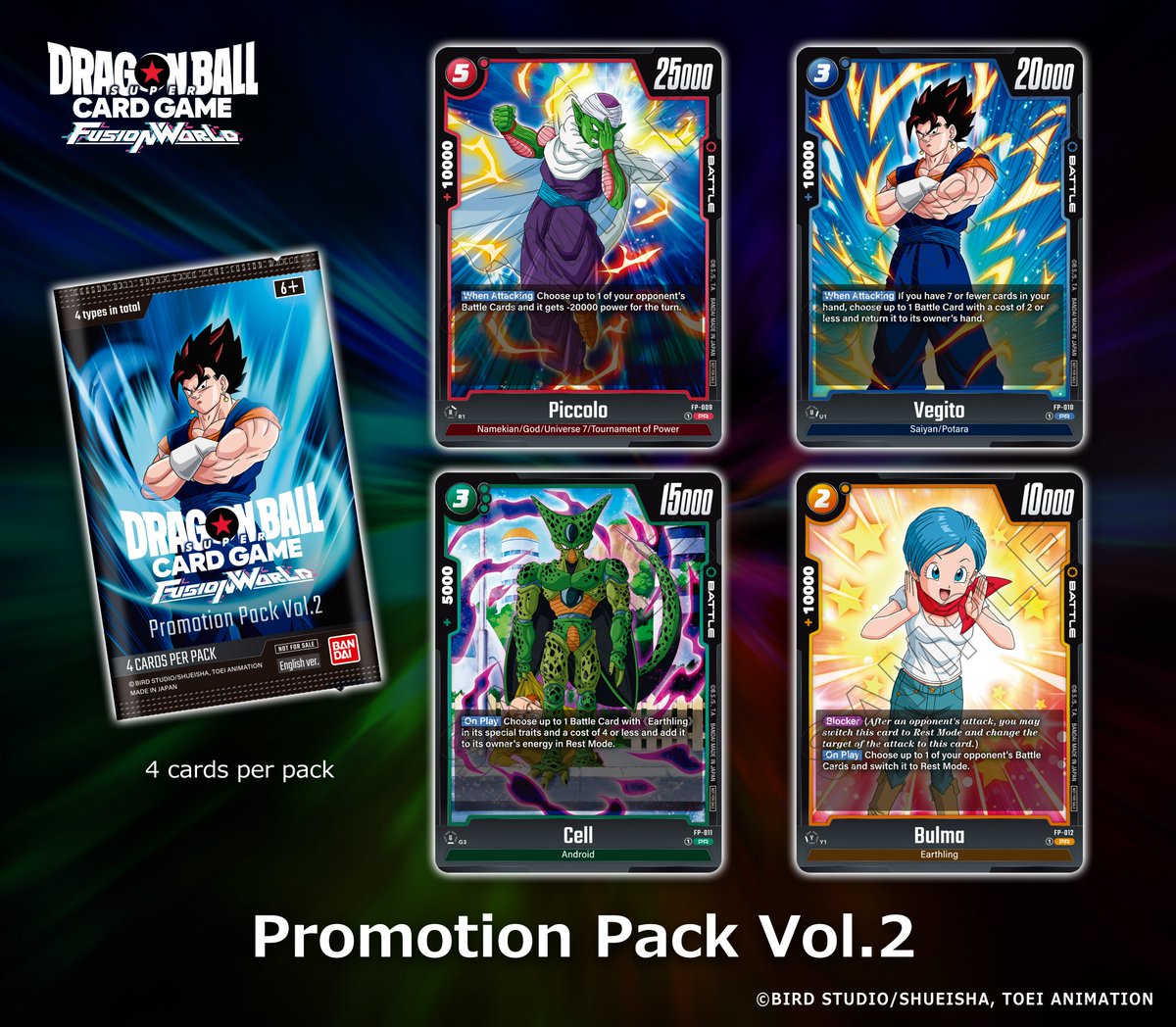Hey Dragon Ball fans!
If you didn’t see it on the website yet, here is one of the prizes you can get in certain events, Promotion Pack Vol.2! What do you think of the card lineup?
Check the website for event details!
Link: x.gd/HXa4R
#dbfw
#fusionworld
#dbscardgame