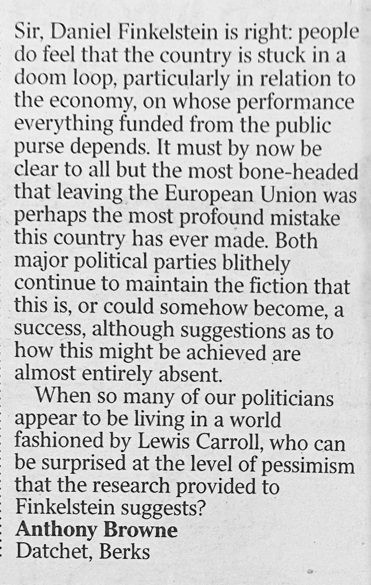 Brexit is so relentlessly shit. But the political effort that goes in to pretending it isn’t is such an obnoxious waste of everyone’s time, resources and patience. It is a fundamentally dishonest project and denying its damage just makes the damage worse. (Good letter, Times)