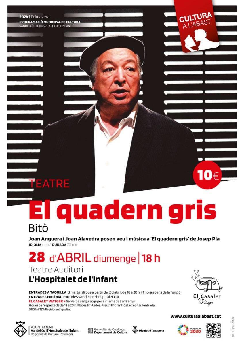 🎭  Aquest diumenge, 28 d'abril, no et perdis 'El Quadern Gris', de @bitoprod al Teatre Auditori de L'Hospitalet de l'Infant

🎟️ Entrades a i.mtr.cool/qjufwvljoj

👶 Aquesta obra té servei de canguratge per a infants (de 3 a 12 anys) a la sala Bonet Castellana.

#CulturaAlAbast