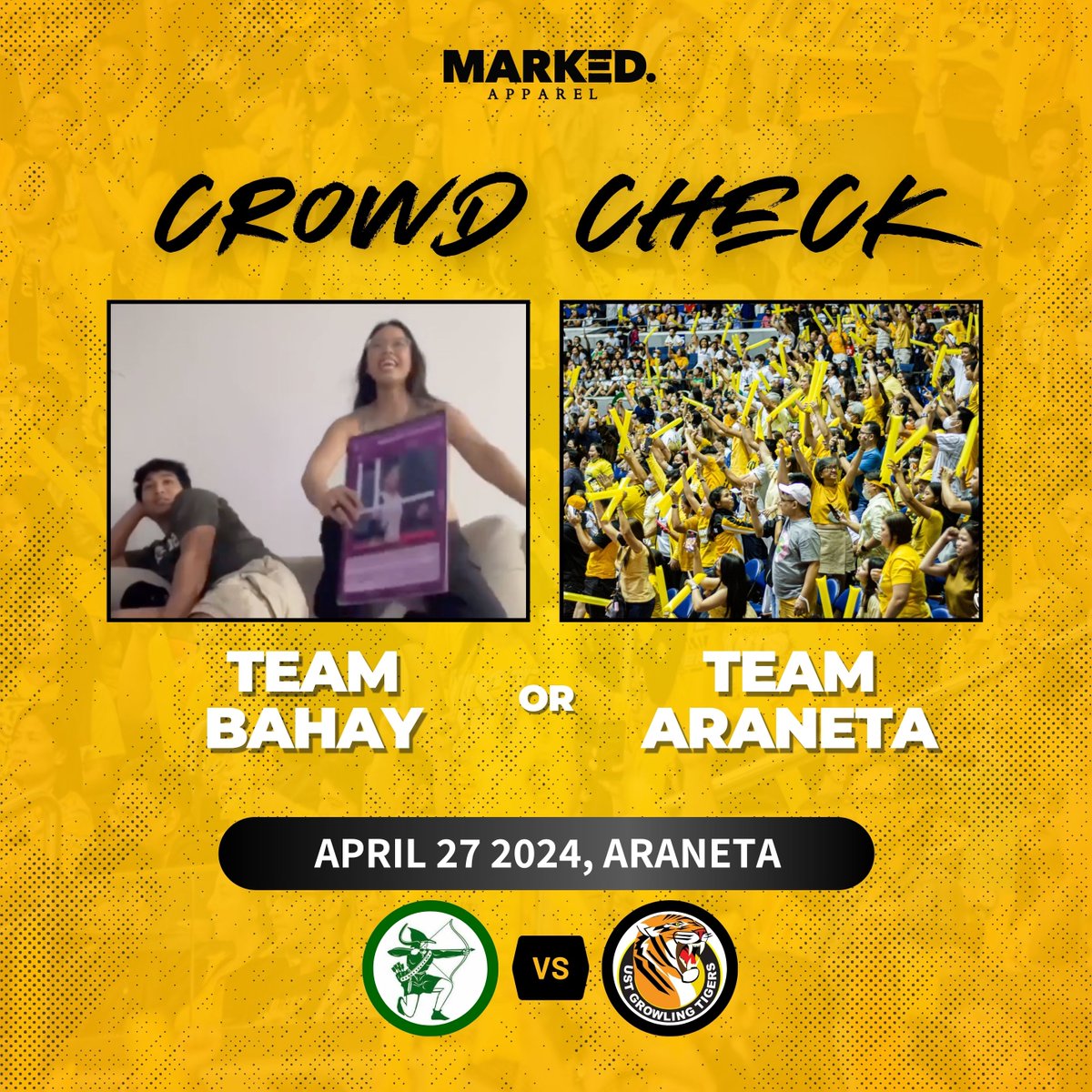 Are you Team Bahay or Team Araneta?

Wherever you're cheering from, let's rally our prayers and passion for our beloved Golden Tigresses! Only one day left until the epic clash ignites in the ultimate UST - DLSU showdown! 🐯💛

#GoldenTigresses #USTvsDLSU #GoUSTe #GetMarkedNow