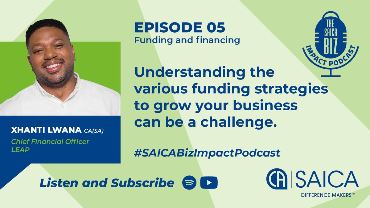 🎙️Listen to Xhanti Lwana CA(SA), as he guides you through funding approaches from private equity to public and internal sources. 📊🌟
🔊 Spotify: spoti.fi/49F7QWz 
📹 YouTube: bit.ly/3JmJbvb 
#⃣ #SAICABizImpactPodcast #DifferenceMakers