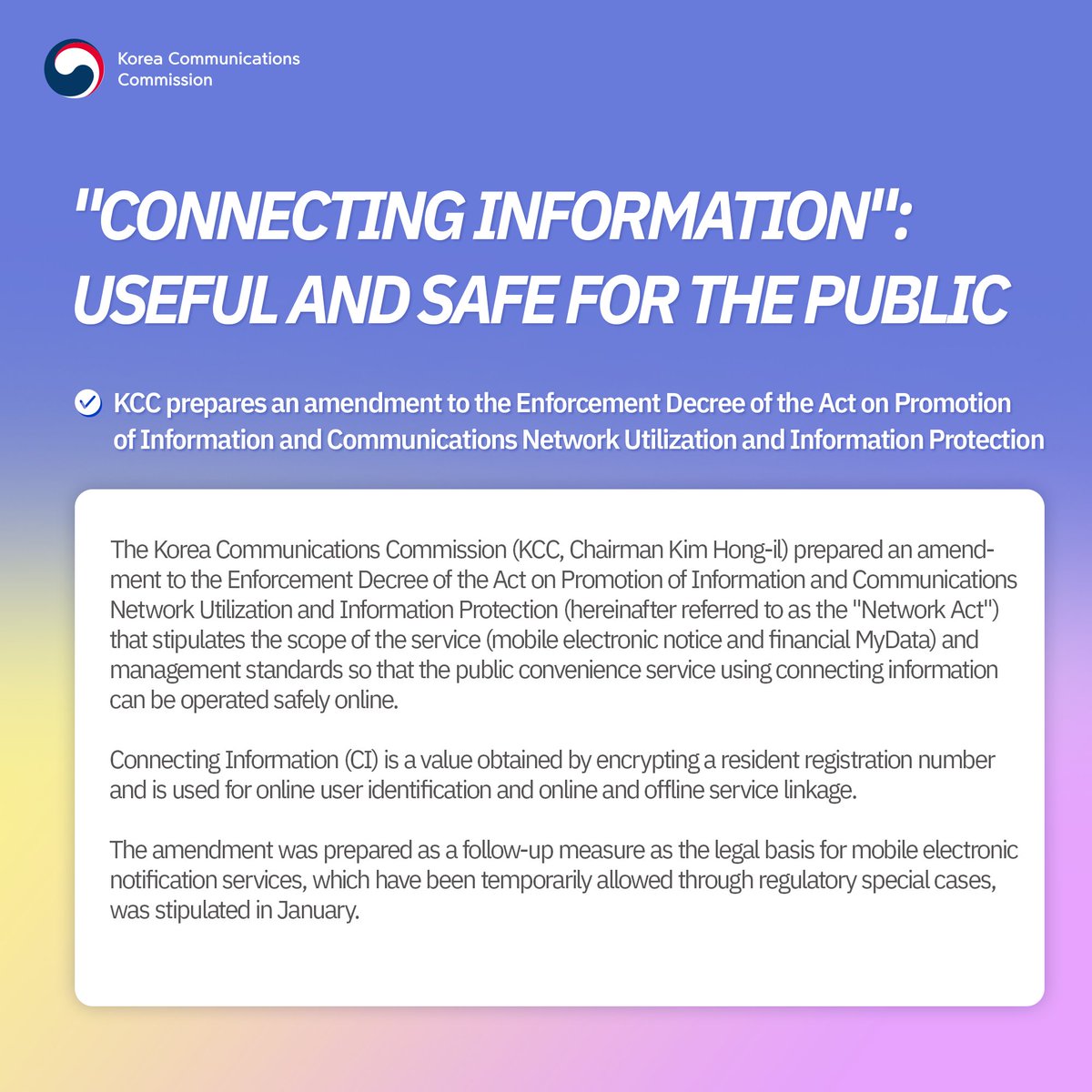 'CONNECTING INFORMATION': USEFUL AND SAFE FOR THE PUBLIC

For details
▶blog.naver.com/kcc1335/223428…

#KCC #KoreaCommunicationsCommission
#ConnectingInformation #CI