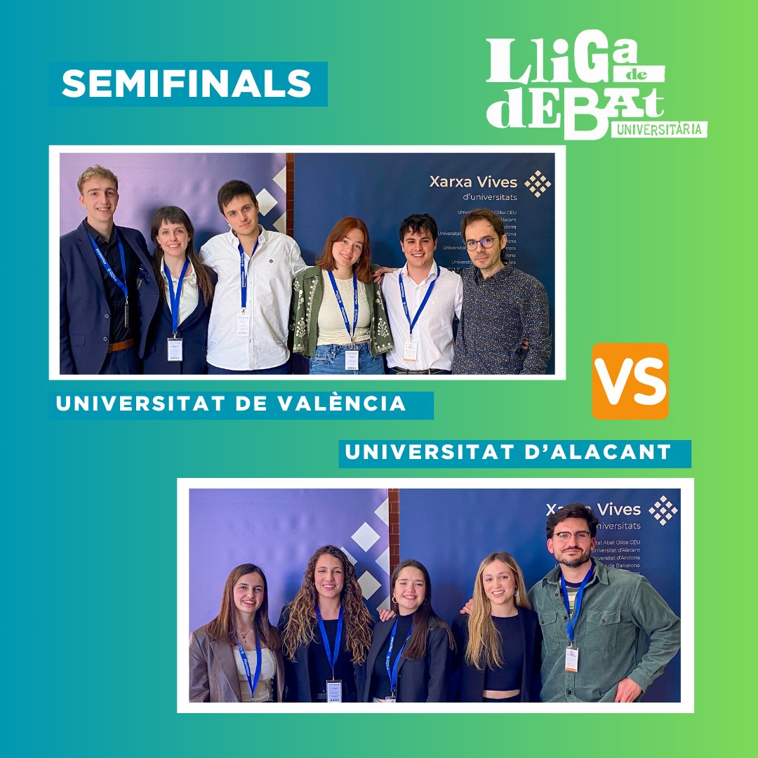 📣 Iniciem les Semifinals de la #LligaDeDebat de Universitària 2024! Horaris 👇 🕘 9 h: s'enfronten l'@UIBuniversitat i la @universitatURV 🕙 10:15 h: s'enfronten l'@UV_EG i la @UA_Universitat 🕛 13 h: Gran final! ▶Segueix en directe la competició a youtube.com/@xarxavives/st…