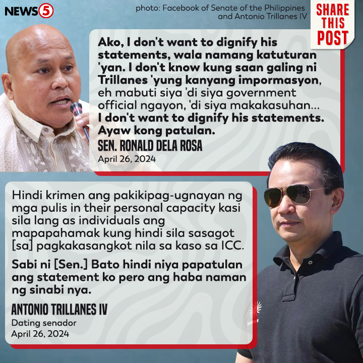 May buwelta si dating senador Antonio Trillanes IV sa pahayag ni Sen. Bato dela Rosa na ayaw na lamang siyang patulan, kasunod ng ibinunyag niyang nakikipag-ugnayan na umano ang#ICC sa mahigit 50 opisyal ng #PN P hinggil sa imbestigasyon sa 'war on drugs.' #News5