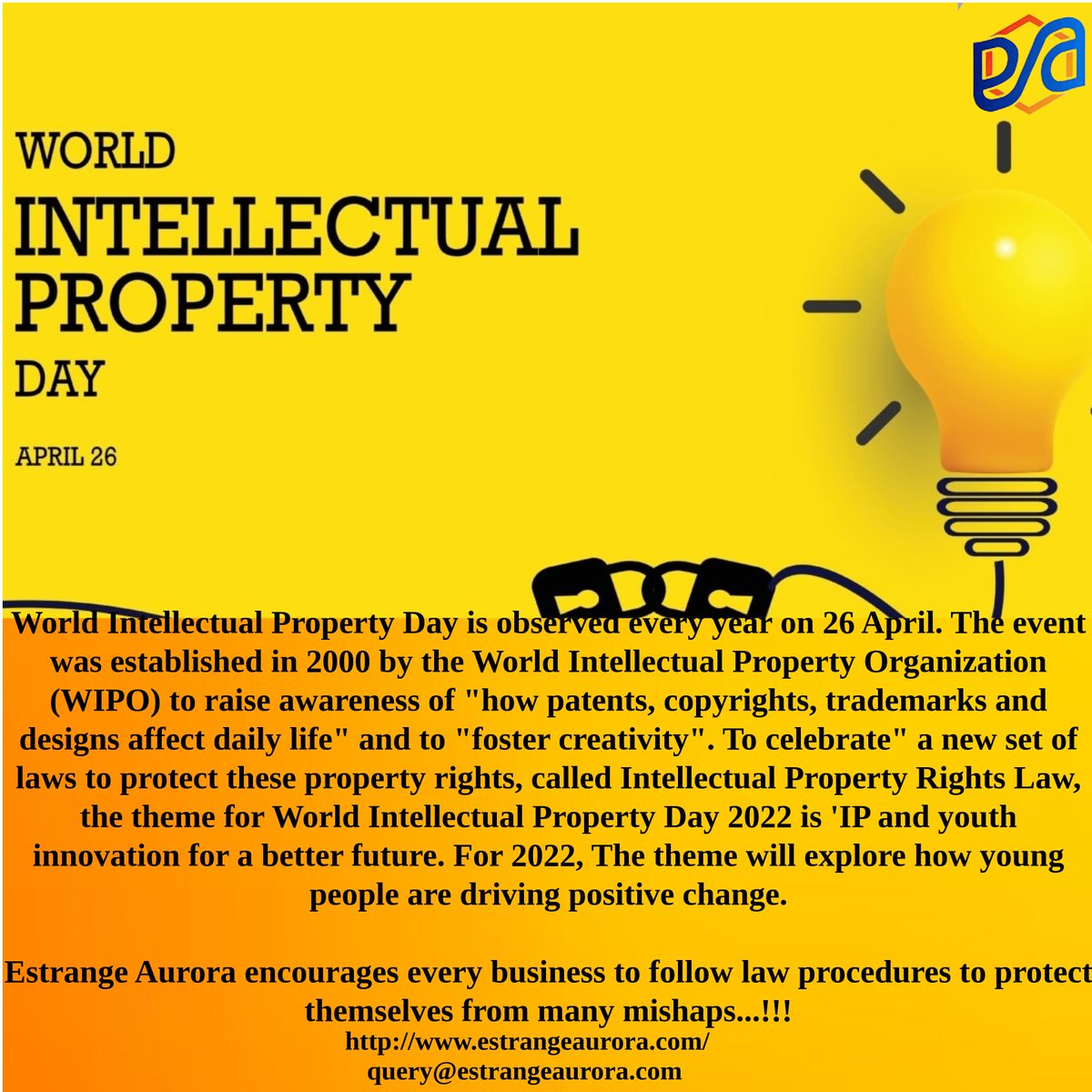 Wishing Everyone World Intellectual Property Day from Estrange Aurora.
#intellectualproperty #copyright #trademark #patent  #trademarks #patents #law #lawyer #entrepreneur #innovation #trademarkattorney #business #startup #iplaw #intellectualpropertylaw #EstrangeAurora