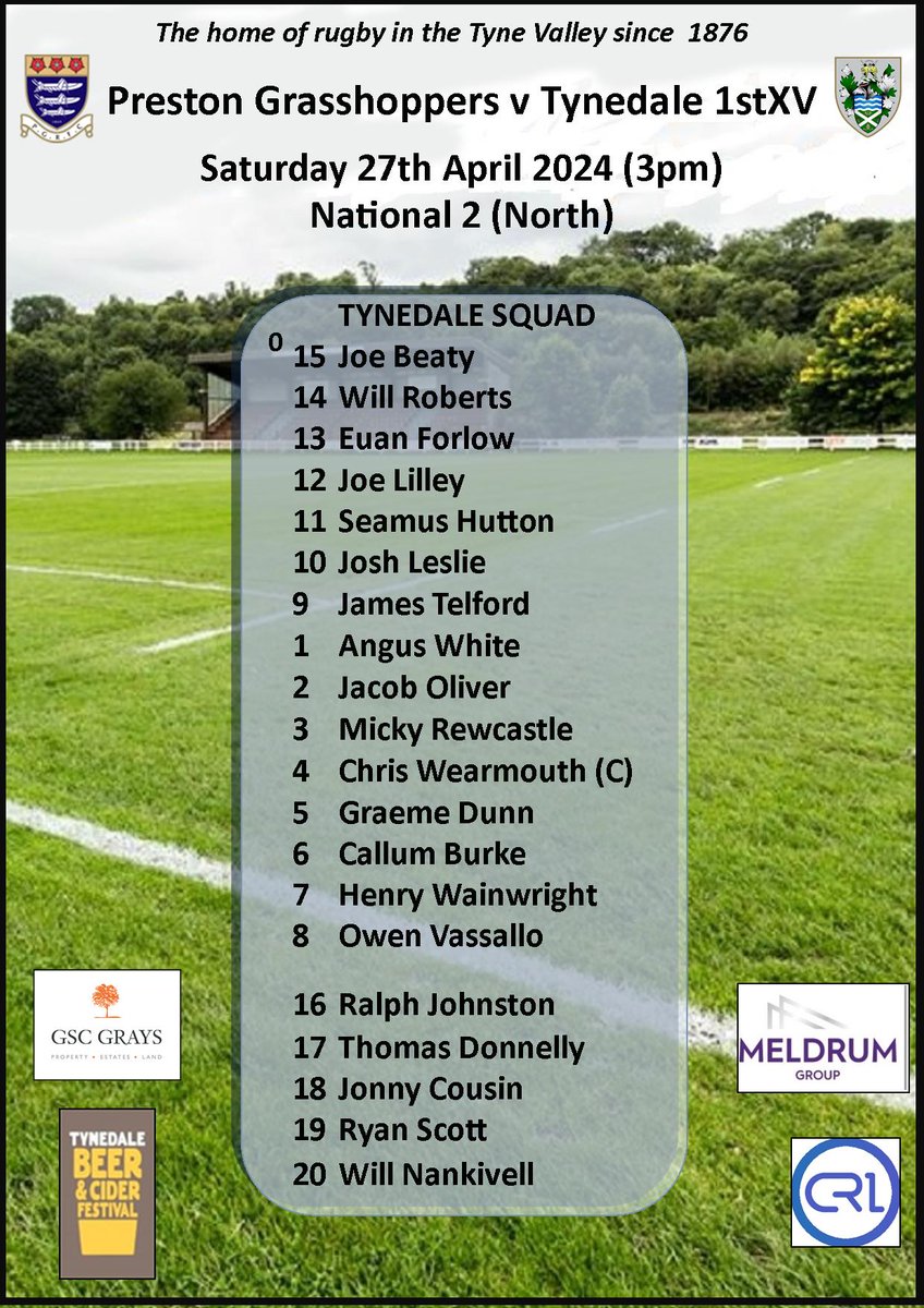 Our selected 1stXV squad to take on Preston Grasshoppers in our final match of the season:-