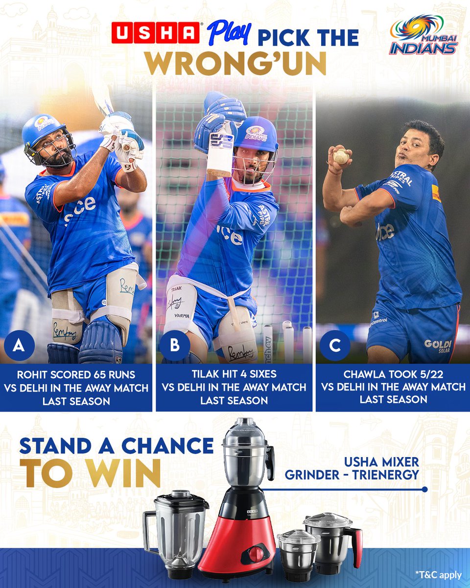 Get ready to test your MI knowledge! 🧠 Pick the 𝐖𝐫𝐨𝐧𝐠’𝐔𝐧 and stand a chance to win an @UshaPlay Mixer Grinder - Trienergy! 🌀 Read the T&C here! ➡️ bit.ly/USHAContest #MumbaiMeriJaan #MumbaiIndians