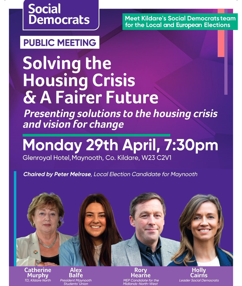 How can we solve the housing crisis and create a fairer future? We will be setting out the solutions in this public meeting on Monday night in Maynooth. I will speaking along with Holly Cairns @HollyCairnsTD Catherine Murphy @CathMurphyTD Alex Balfe MSU Hope to see you there!