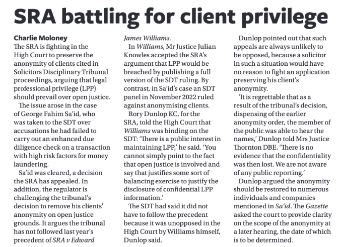 As I discovered when addressing the judge in this case, there are no open justice and/or public interest arguments which will override Legal Professional Privilege. More to come when the judgement is released. In today's @lawsocgazette magazine edition.pagesuite.com/html5/reader/p…