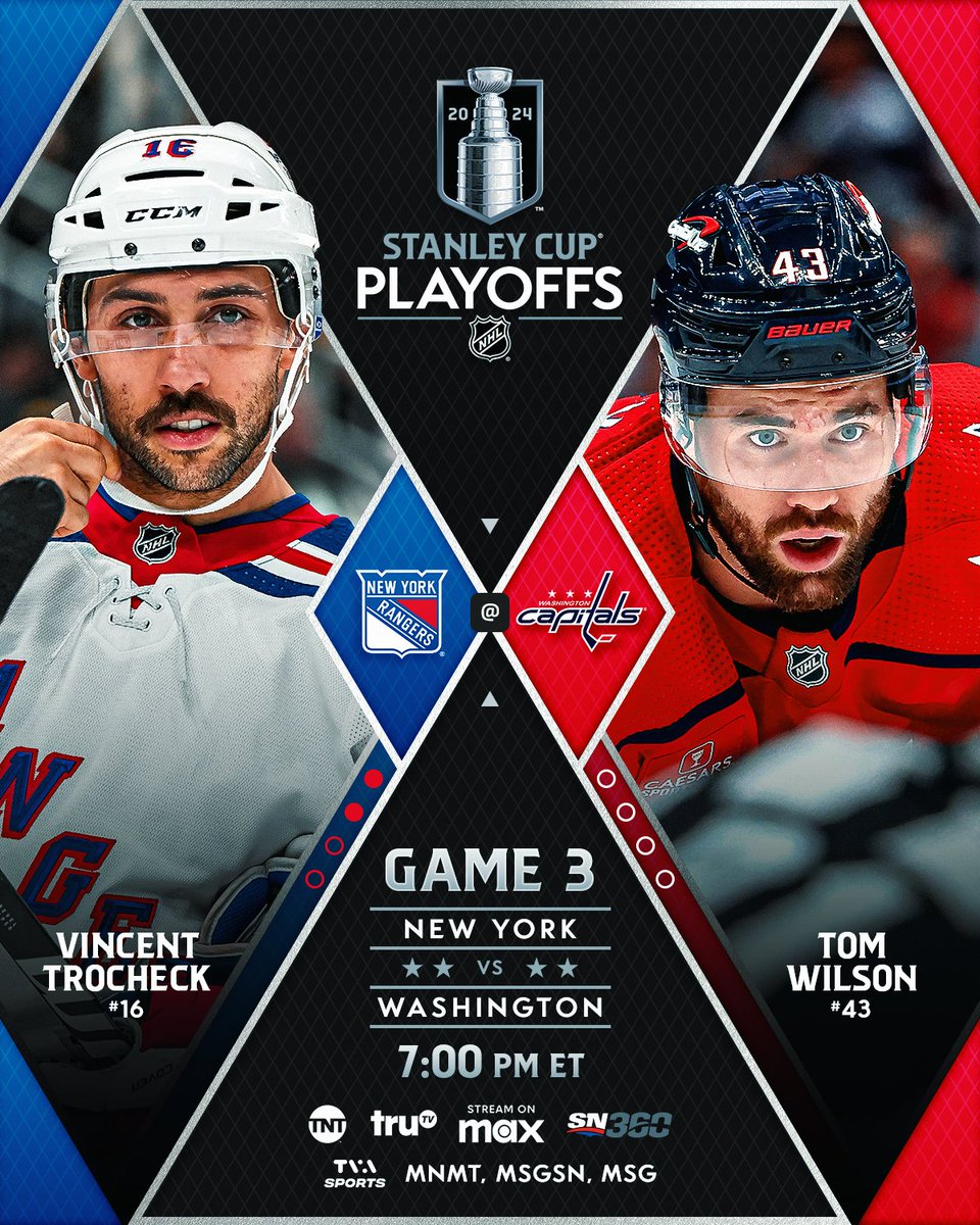 The @Capitals and @NYRangers shift to Washington for Game 3. Will the hosts win their first game of the 2024 #StanleyCup Playoffs or the Rangers win three straight? 📺: @NHL_On_TNT, @truTV, @SportsonMax, @Sportsnet 360 and @TVASports #NHLStats: media.nhl.com/public/news/17…